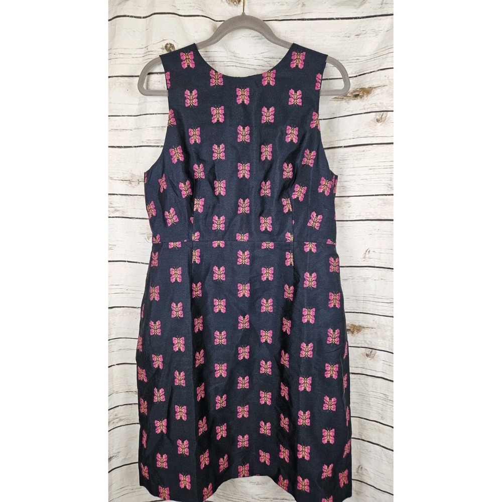J Crew Navy Blue Woven Butterflies Sheath Dress 14 Sleeveless Wool Blend